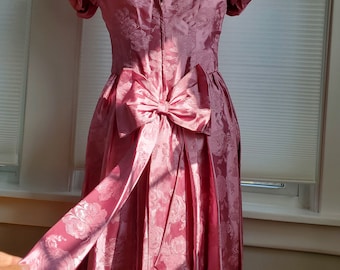 Vintage 80s Pink Satin Dress with Rose patterns paired with Avon Rose Earrings