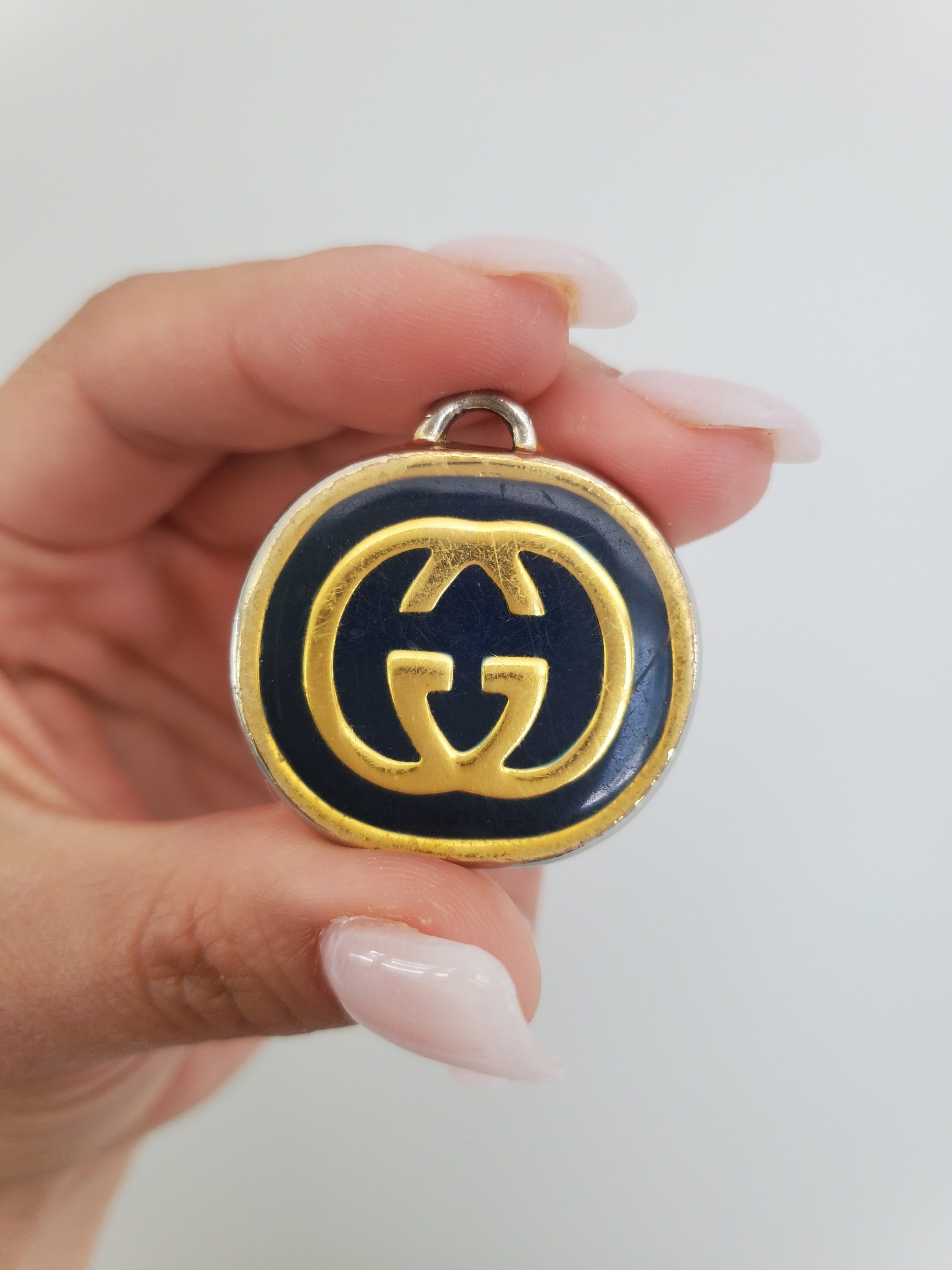 Gucci Vintage Metal Enameled GG Logo Keyring Key Ring