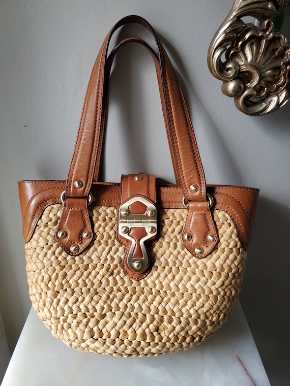 VTG Michael Kors Santorini Tan Leather Straw Bag