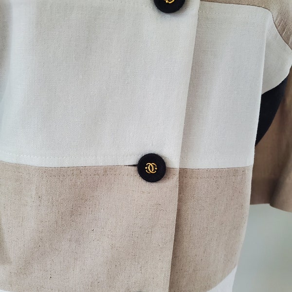 Vintage Chanel Inspire Gold Emblem on Black Buttons Linen Jacket and Dress Two Piece Set by Perceptions Size 12