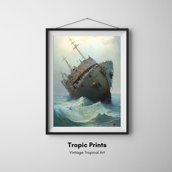 The Last Voyage: Vintage Painting of a Shipwreck on a Tropical Sea | Digital Print | Nautical Art | Home Decor | Tropical Art | Printable