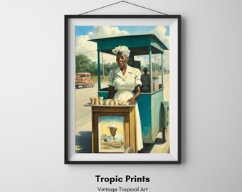 Exotic oil painting of a roadside vendor in a tropical paradise | Digital Print | Home Decor | Wall Art | Beach Home | Tropical Art Print