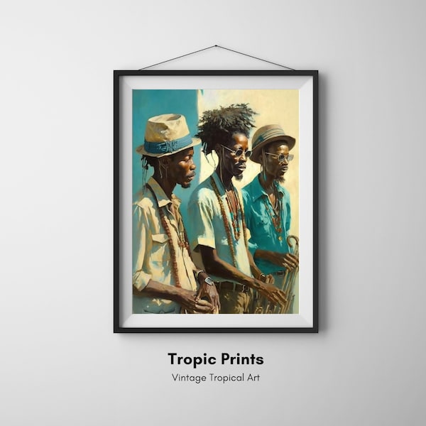The Reggae Trio: Oil Painting Print | Tropical Reggae Music Scene | Oil Painting | Digital Reproduction | Island Vibes | Wall Art |