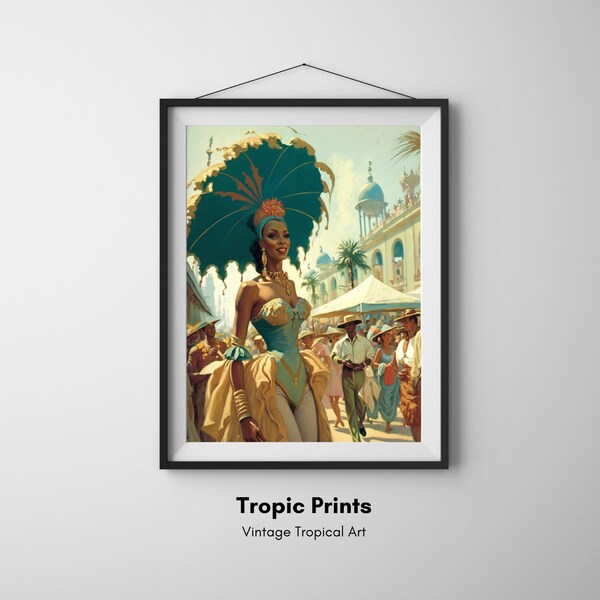 Reine du carnaval de Rio : peinture vintage d'une femme en costume | Impression numérique | Imprimé tropical | Art mural | Décoration d'intérieur | Affiche imprimable