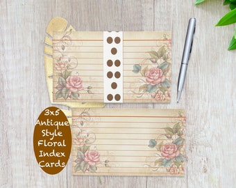 3x5 Index Cards - Antique Brown Ruled Index Cards -Pack of 25 Index Cards - Garden Floral Index Cards  - Study Note Card - Junk Journal