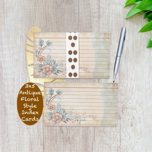 3x5 Index Cards - Antique Brown Ruled Index Cards -Pack of 25 Index Cards - Garden Floral Index Cards  - Study Note Card - Rustic Note Cards