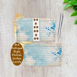 3x5 Index Cards - Antique Brown Blue Ruled Index Cards -Pack of 25 Index Cards - Garden Floral Index Cards  - Study Note Card - Junk Journal