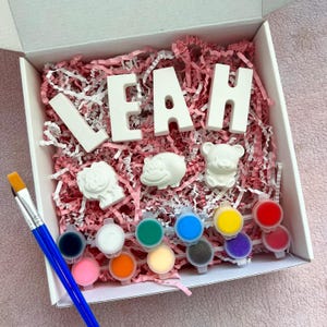 May include: A white box filled with pink and white shredded paper, containing the name "LEAH" in white block letters, small animal figurines, and a set of paint pots with a paintbrush. The paint pots are filled with various colors.