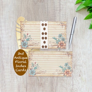 3x5 Index Cards - Antique Brown Ruled Index Cards -Pack of 25 Index Cards - Garden Floral Index Cards  - Study Note Card - Rustic Note Cards