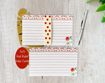 3x5 Index Cards - Red Ruled Index Cards -Pack of 25 Index Cards - Lined Floral Rose Index Cards -Index Cards for Kids - Study Note Card