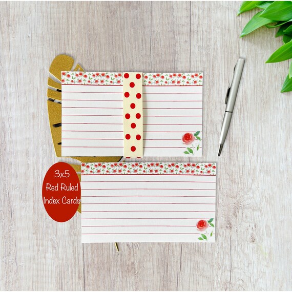 3x5 Index Cards Red Ruled Index Cards pack of 25 Index Cards Lined Floral  Rose Index Cards index Cards for Kids Study Note Card 