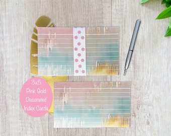 3x5 Index Cards - Pink Gold Decorated  Ruled Index Cards -Pack of 25 Index Cards - Marbled Index Cards - Cute Index Cards - Study Note Card