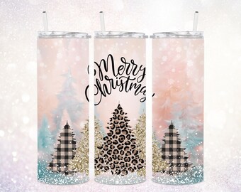 Merry Christmas Trees 20 oz Tumbler PNG ~ Leopard Tree ~ Christmas Skinny Tumbler Wrap PNG ~ Christmas Sublimate ~ Snowflakes Tumbler PNG