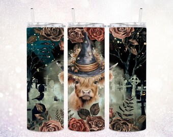 Spooky Highland Cow 20 oz Tumbler PNG ~ Skinny Tumbler Wrap PNG ~ Halloween Tumbler Sublimation Art ~ Cute Baby Highland Cow Sublimate PNG