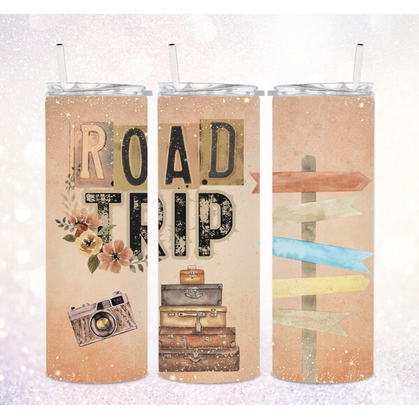 Gobelet fin PNG 20 oz Road Trip ~ lettres de plaque d'immatriculation PNG ~ aquarelle ~ emballage de gobelet de voyage ~ art gobelet voyage entre filles ~ PNG sublimé