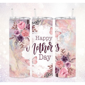 Happy Mother&#39;s Day 20 oz Skinny Tumbler PNG ~ Mother&#39;s Day Tumbler ~ Marble Print Sublimation ~ Floral Tumbler Wrap PNG ~ Mom Sublimate PNG