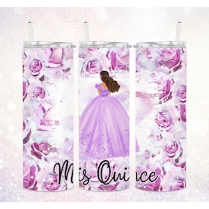 Mis Quince 20 oz Tumbler PNG ~ 15th Birthday Party Tumbler PNG ~ Spanish Fiesta Tumbler ~ Rose Flowers ~ Skinny Tumbler Sublimate Wrap PNG