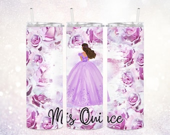 Mis Quince 20 oz Tumbler PNG ~ 15th Birthday Party Tumbler PNG ~ Spanish Fiesta Tumbler ~ Rose Flowers ~ Skinny Tumbler Sublimate Wrap PNG