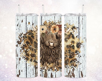 Highland Cow 20 oz Skinny Tumbler PNG ~ Cute Cow ~ Digital Sublimation Design ~ Western Tumbler Wrap Design PNG ~ Distressed ~ Sublimate PNG