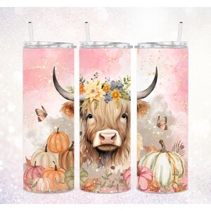 Herbst Highland Cow 20 oz Tumbler PNG ~ Süße Aquarell Kuh ~ Kürbisse Digitales Sublimationsdesign ~ Skinny Tumbler Wrap Design PNG ~ Sublimat