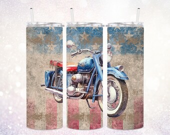 Patriotic Motorcycle 20 oz Tumbler PNG ~ Distressed 4th of July Tumbler ~ Grunge Tumbler Digital Wrap ~ Rustic Tumbler ~ Tumbler Sublimate