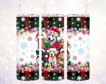Christmas Dogs 20 oz Tumbler PNG ~ Red Green Plaid ~ Dogs Skinny Tumbler Wrap PNG ~ Christmas Dog Lover Tumbler Sublimation ~ Dogs Clip Art