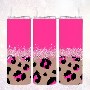 Hot Pink Slim 20 oz Tumbler Wrap PNG ~ Leopard Tumbler Sublimeringsmall ~ Cheetah Tumbler ~ Glitter ~ Boujee Slim Tumbler PNG