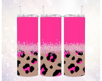 Hot Pink Skinny 20 oz Tumbler Wrap PNG ~ Leopard Tumbler Sublimation Design Template ~ Cheetah Tumbler ~ Glitter ~ Boujee Skinny Tumbler PNG