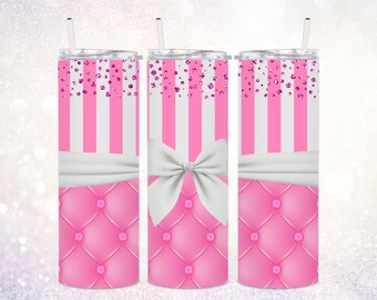 Designer Luxury 20 oz Skinny Tumbler PNG ~ Diamonds Tumbler PNG ~ Pink Stripes Tumbler Wrap ~ Satin Bow ~ Quilted Tumbler Sublimate Clip Art