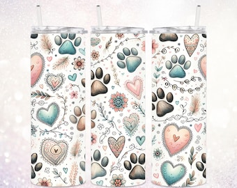 Dog Paw Prints 20 oz Tumbler PNG ~ Dog Lover Tumbler ~ Boho Style ~ Cute Dog Tumbler PNG ~ Seamless Skinny Tumbler Wrap ~ Sublimation ~ Dog