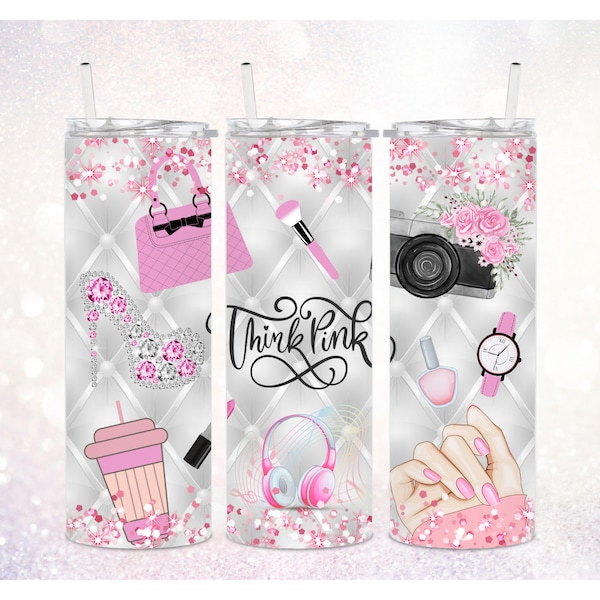 Pink Luxury 20 oz Skinny Tumbler PNG ~ Think Pink Tumbler PNG ~ Luxury Tumbler Wrap ~ Quilted Tumbler ~ Expensive Designer Tumbler Sublimate