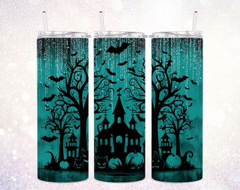 Teal Halloween 20 oz Tumbler PNG ~ Spooky Season PNG ~ Halloween Tumbler Wrap ~ Bats ~ Pumpkins PNG ~ Skinny Tumbler Sublimate Clip Art
