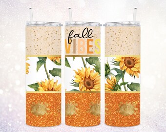 Fall Vibes 20 oz Skinny Tumbler PNG ~ Pumpkin Season PNG ~ Pumpkin Tumbler PNG ~ Fall Tumbler Wrap ~ Sunflowers ~ Fall Sublimate Clip Art