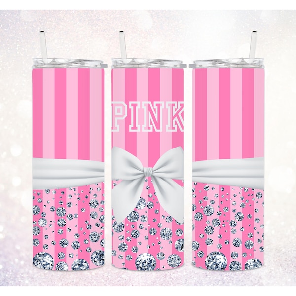 Designer Luxury Purse 20 oz Skinny Tumbler PNG ~ Diamonds Tumbler PNG ~ Pink Stripes Tumbler Wrap ~ Satin Bow ~ Pink Tumbler Sublimate Art