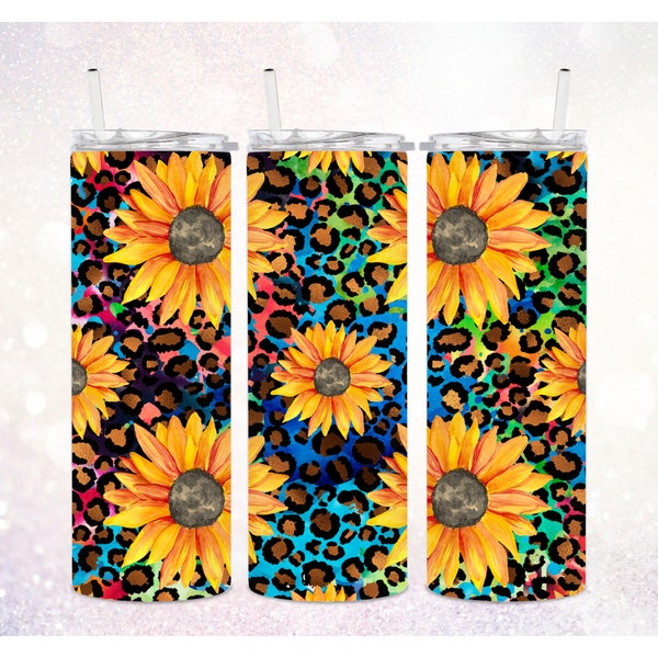 Sunflowers 20 oz Skinny Tumbler Wrap PNG ~ Sunflowers Tumbler Wrap ~ Multi Colored Leopard Sublimation PNG ~ Tie Dye Cheetah Tumbler Wrap