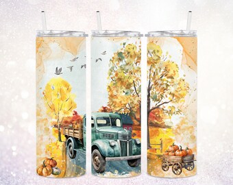 Fall Watercolor 20 oz Tumbler PNG ~ Thanksgiving Tumbler PNG ~ Pumpkin Tumbler Wrap ~ Old Truck ~ Country ~ Skinny Tumbler Wrap Sublimate