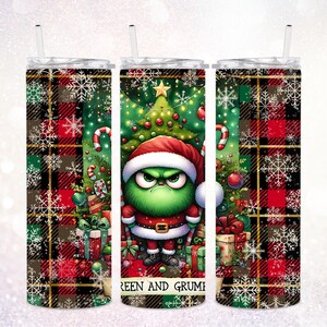 May include: A green Grinch-like character wearing a Santa hat and holding a candy cane stands in front of a Christmas tree. The background is a red and black plaid pattern with snowflakes.