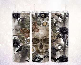Cráneo gótico 20 oz Vaso PNG ~ Vaso flaco de Halloween ~ Flores negras ~ Vaso de murciélagos PNG ~ Tobogán acuático de envoltura de vaso de Halloween ~ Sublimate