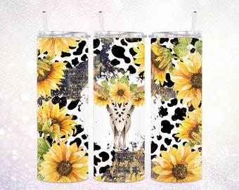 Cow Skull Country Western 20 oz Skinny Tumbler PNG ~ Distressed Country Tumbler ~ Cow Print ~ Sunflowers Tumbler Wrap PNG ~ Sublimate PNG