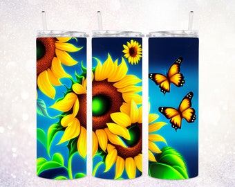 Colorful Sunflowers 20 oz Skinny Tumbler PNG ~ Sunflower Tumbler PNG ~ Butterflies Tumbler Wrap ~ Neon Colors Sunflowers Tumbler Waterslide