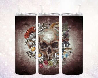 Boho Gothic Skull 20 oz Tumbler PNG ~ Skinny Halloween Tumbler ~ Boho Flowers Tumbler PNG ~ Halloween Tumbler Wrap Waterslide ~ Sublimate