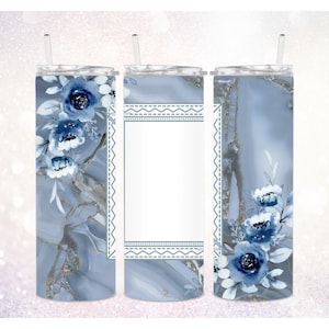 May include: Three stainless steel tumblers with a blue and gray marble design and blue watercolor flowers. The center tumbler has a blank white space for personalization.