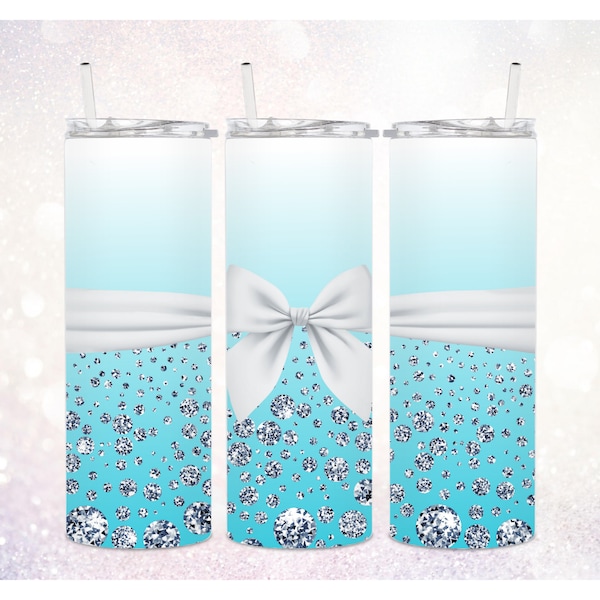 Designer Blue Luxury 20 oz Tumbler PNG ~ Diamonds Tumbler PNG ~ Skinny Tumbler Wrap ~ Satin Bow ~ Blue Ombre ~ Boujee Tumbler Sublimate