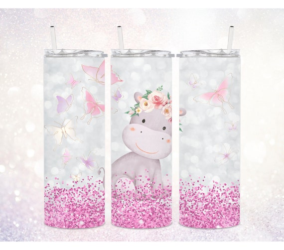 Hippo 20 oz Skinny Tumbler PNG ~ Baby Hippo Digital Sublimation Design ~  Cute Hippo Tumbler Wrap PNG ~ Pink Glitter ~ Hippo Sublimate PNG