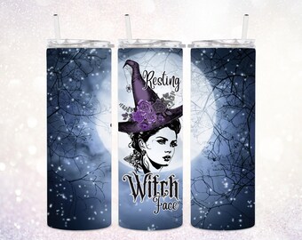 Resting Witch Face 20 oz Tumbler PNG ~ Skinny Halloween Tumbler ~ Purple Witch Hat ~ Funny Halloween Tumbler Wrap Design PNG ~ Sublimate Art