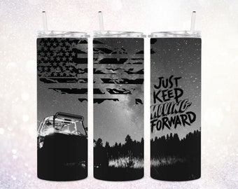 May include: Three black and white tumbler cups with different designs. The first cup features a distressed American flag with a silhouette of a car in the foreground. The second cup features a distressed American flag with a silhouette of a forest in the foreground. The third cup features a starry night sky with a silhouette of a forest in the foreground and the text "Just Keep Moving Forward".