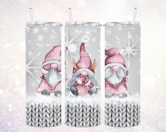Winter Gnomes 20 oz Tumbler PNG ~ Gnome Skinny Tumbler Wrap PNG ~ Christmas Gnome Tumbler Sublimation ~ Watercolor Snowflakes Sublimate PNG