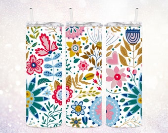 Mexican Flower Pattern 20 oz Tumbler PNG ~ Mexico Floral Art ~ Flowers Tumbler Waterslide PNG ~ Skinny Flower Tumbler Sublimate Wrap PNG