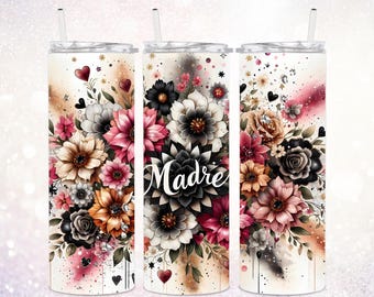 Seamless Madre 20 oz Tumbler PNG ~ Glitter Floral Tumbler ~ Spanish Mothers Day Tumbler PNG ~ Madre Tumbler PNG ~ Madre Skinny Tumbler Wrap