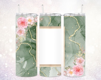Green Marble Photo 20 oz Tumbler Wrap PNG ~ Add Your Own Photo or Text ~ Skinny Sublimate Art ~ Personalized Pink Floral Tumbler Wrap PNG